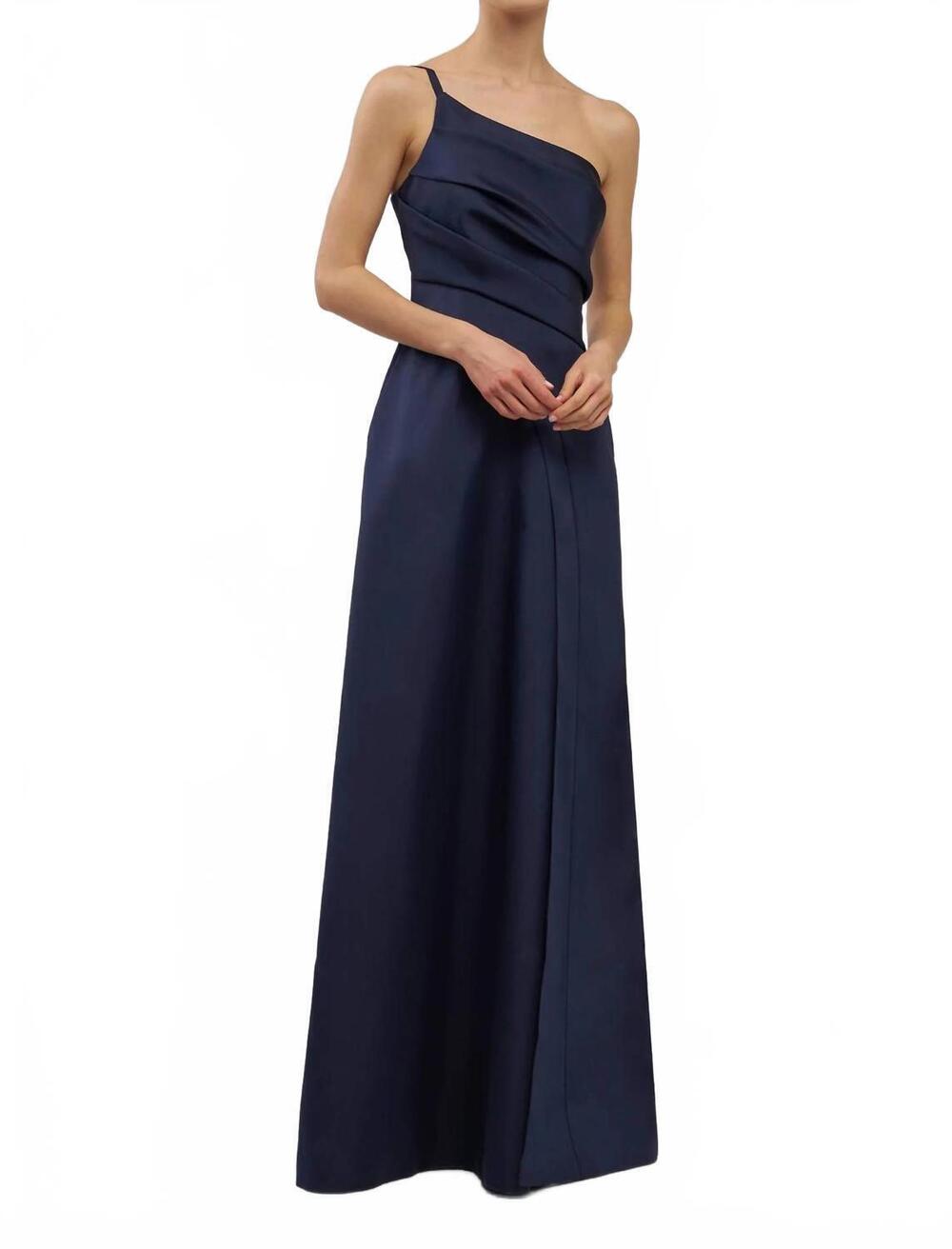 NEW KAY UNGER one-shoulder a-line gown in dark midnight
